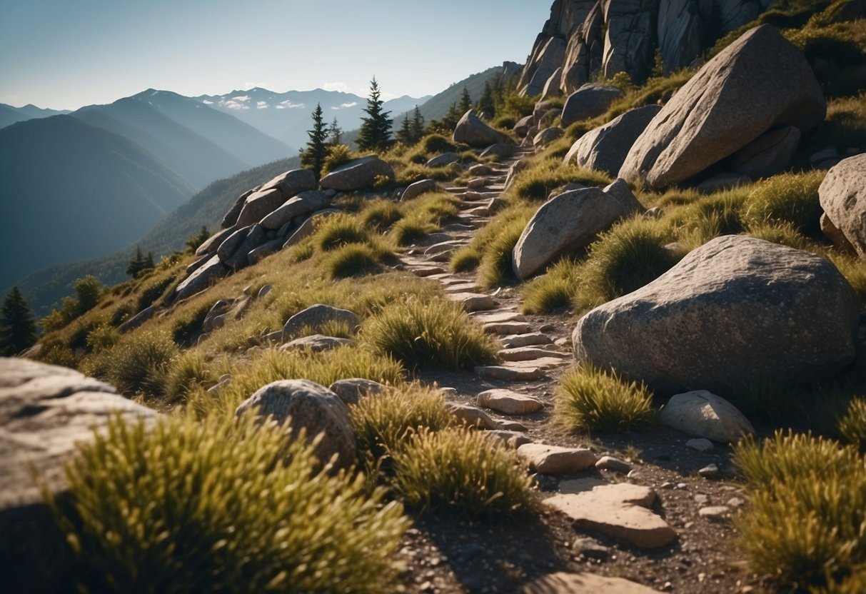 Rocky terrain with steep inclines, narrow paths, and rugged boulders. Lush greenery, winding trails, and breathtaking mountain views