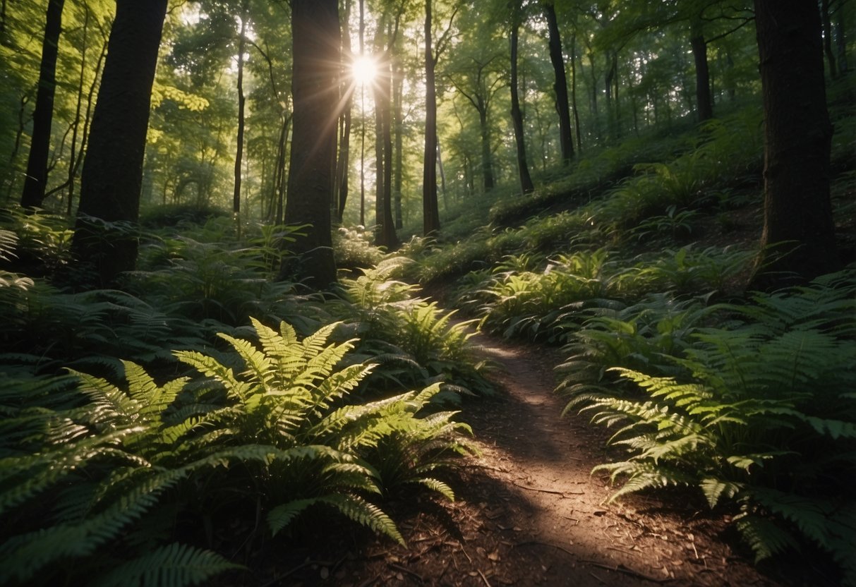 Lush forest with winding trails, steep hills, and vibrant foliage. Sunlight filters through the dense canopy, casting dappled shadows on the forest floor