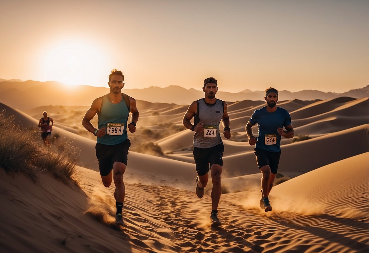 A group of trail runners sprint up and down sand dunes in a vast desert landscape, with the sun setting in the background