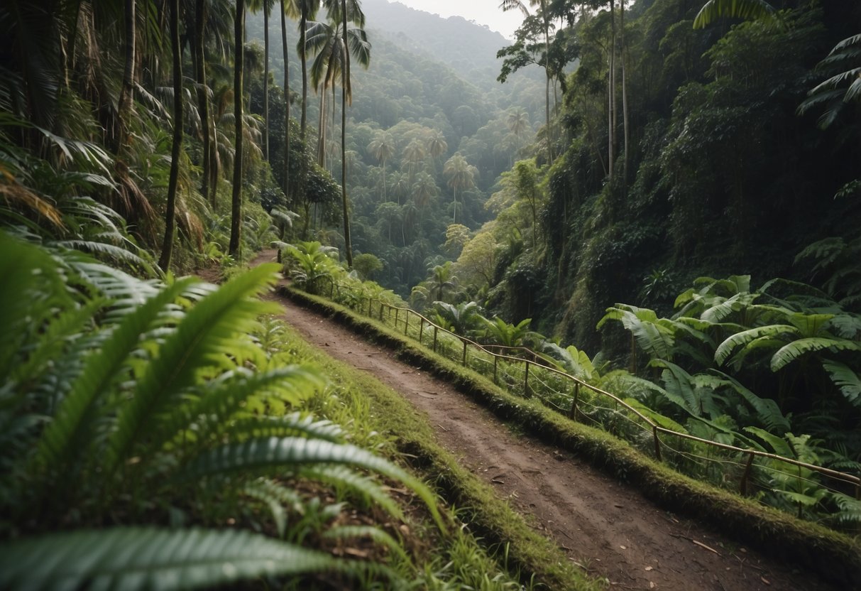 Lush rainforest with winding trails, hanging vines, and vibrant flora. Steep inclines, narrow paths, and river crossings offer exciting challenges for trail runners