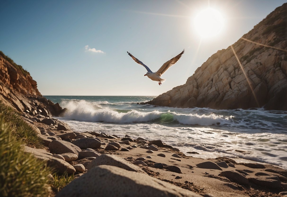 A rugged coastal trail winds along the sandy shore, with waves crashing against the rocks. Seagulls soar overhead as the salty breeze carries the sound of laughter and the scent of saltwater