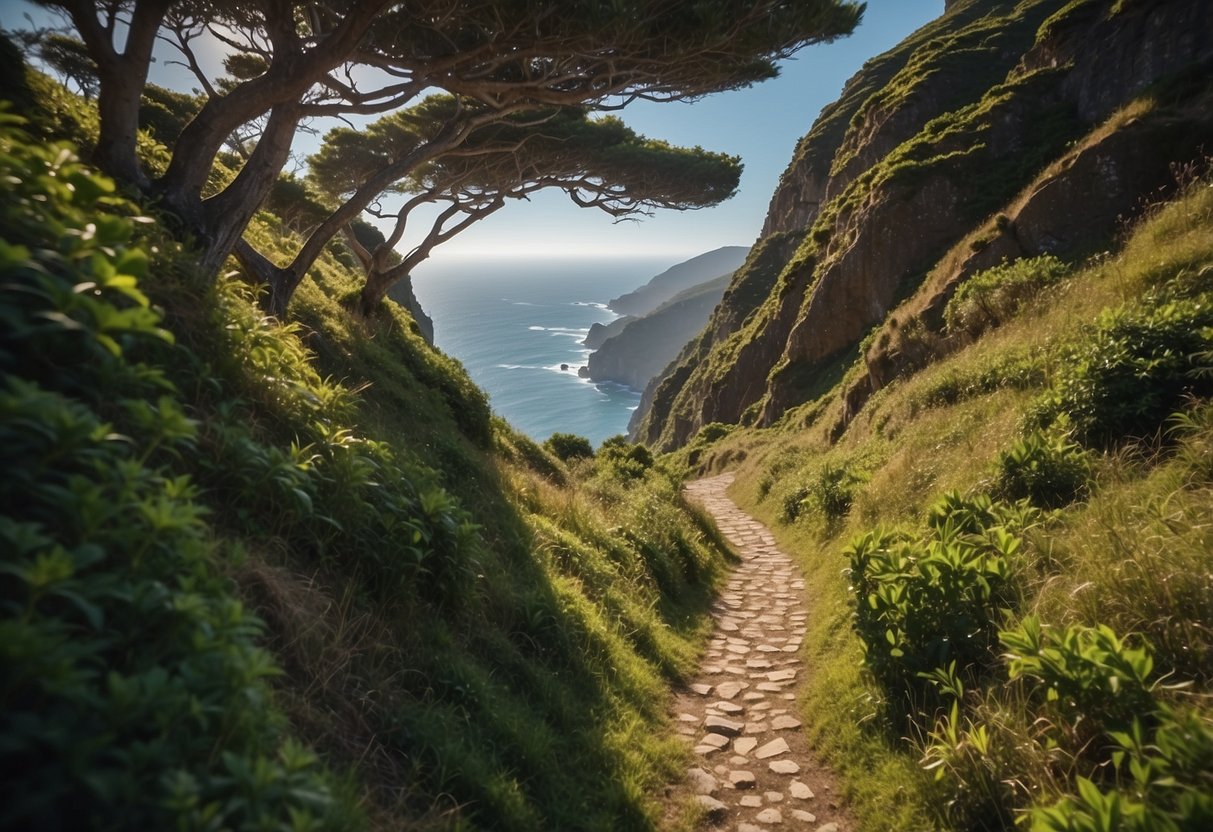 Coastal mountain paths wind through lush greenery, leading to rocky cliffs and breathtaking ocean views. The trail offers 10 fun challenges for adventurous runners