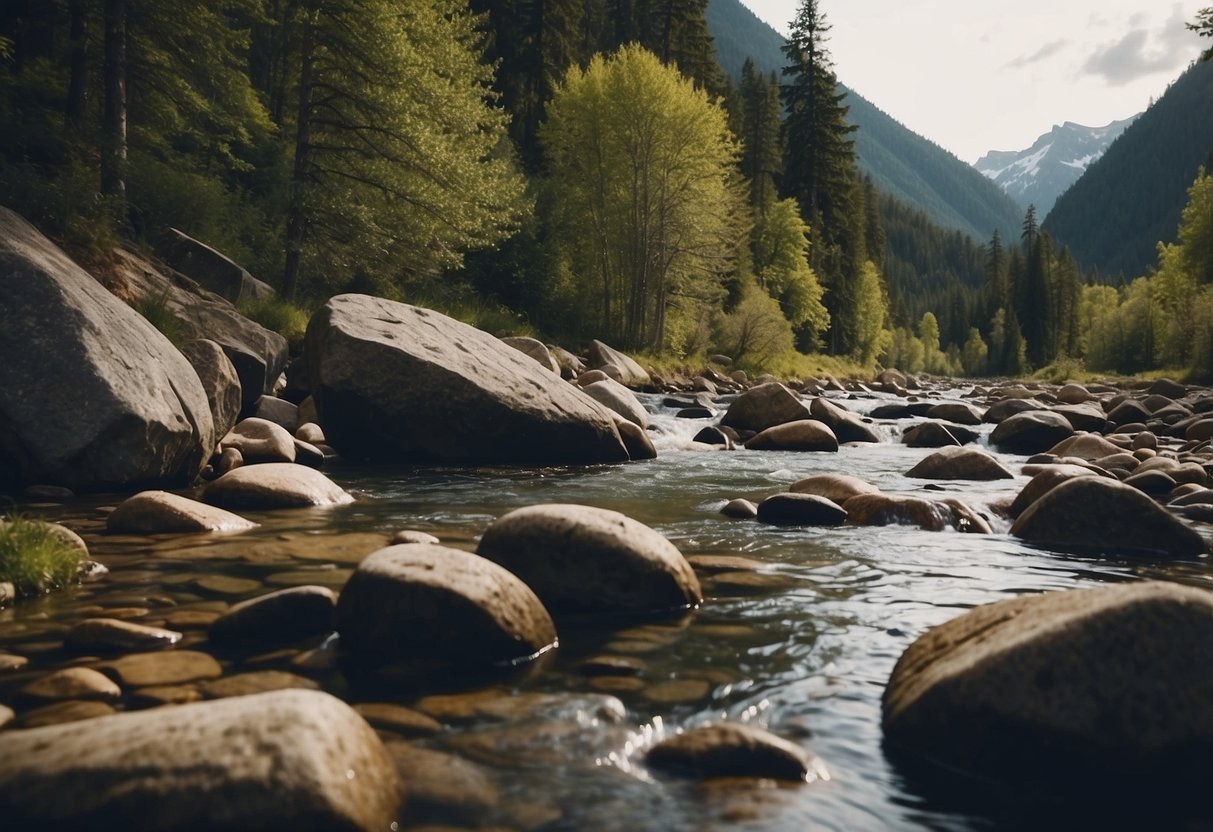 A river flows next to a trail with large rocks for jumping. The trail offers 10 fun challenges for running