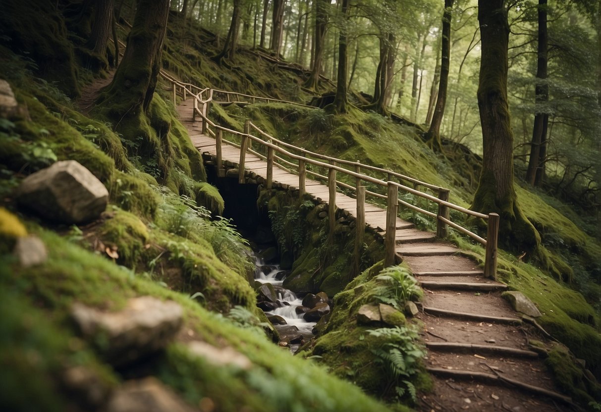 A winding trail ascends a steep hill, with rocks and roots creating obstacles. A narrow bridge spans a rushing stream, and a dense forest surrounds the path