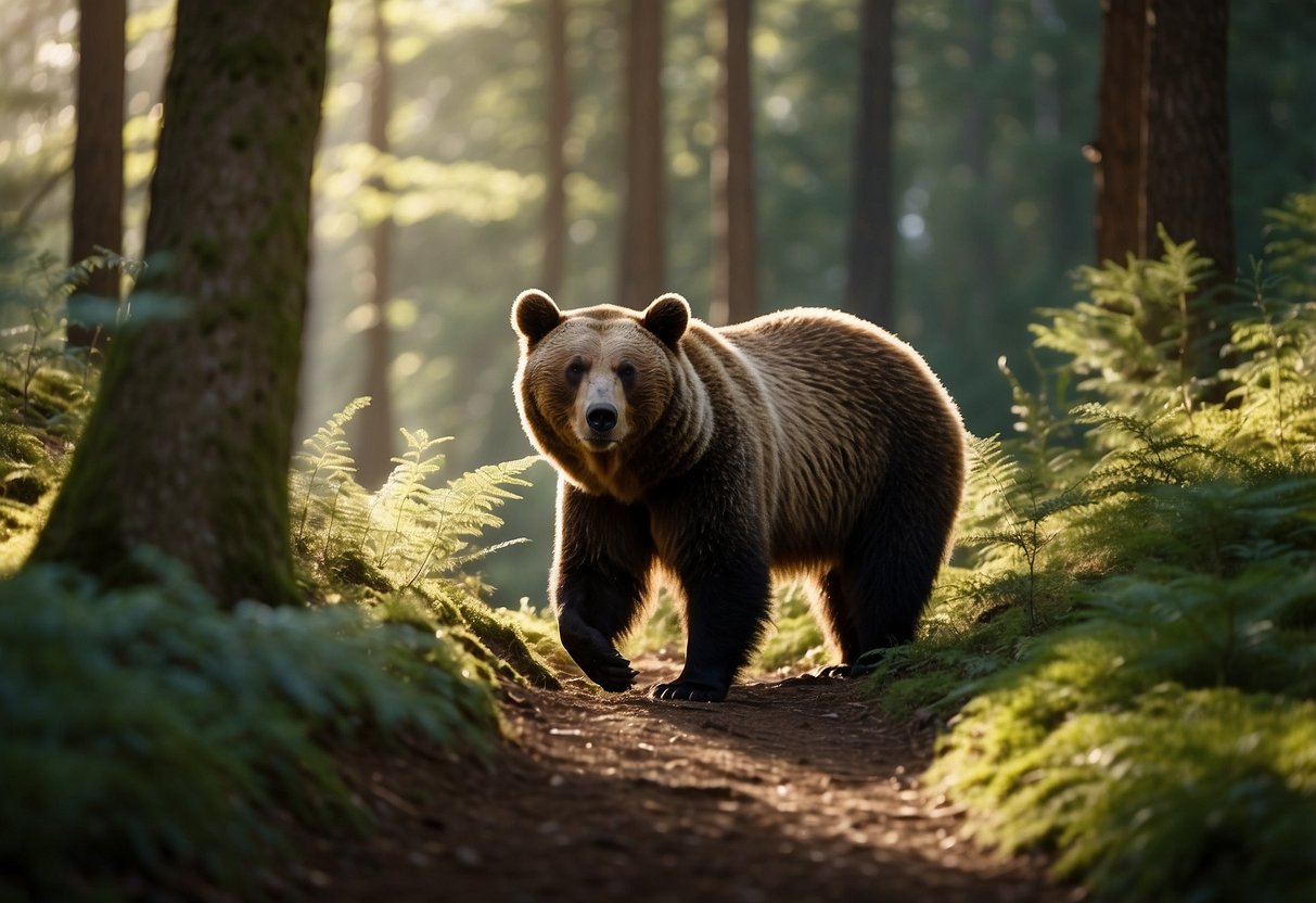 A trail winds through a dense forest with towering trees and a clear stream. A bear stands at the edge of the trail, sniffing the air. The sun filters through the leaves, casting dappled light on the ground