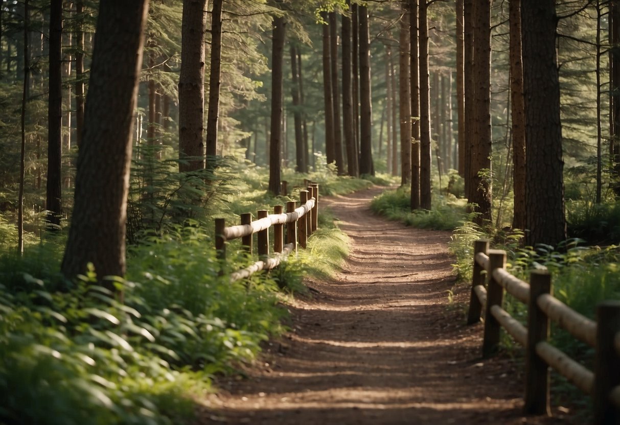 A trail winds through a dense forest, with caution signs for bear activity. A runner carefully navigates the path, following a map and checking for wildlife