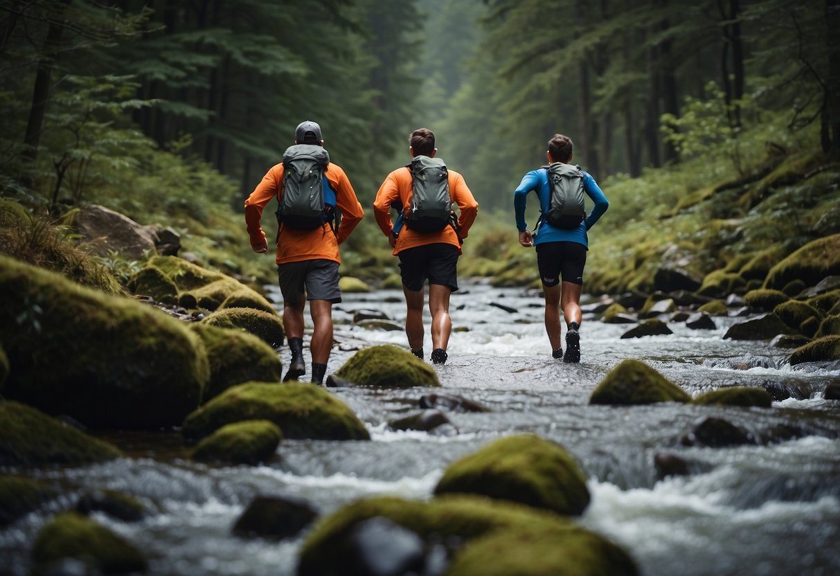 Trail runners navigate through a dense forest, crossing a bubbling stream and climbing rocky terrain. Bears roam in the distance as the runners stick together, alert and cautious