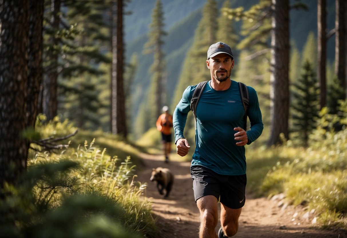 A trail runner carries bear spray while running through a forested area, with a mountain in the background and a clear trail ahead