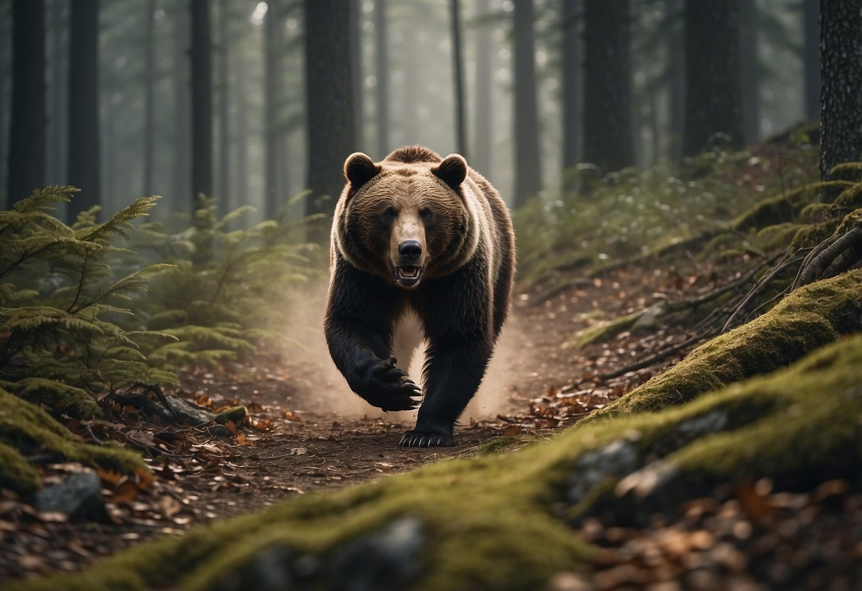 A runner darts through a forest, kicking up leaves and twigs, while a bear watches from a distance. The runner follows a trail, surrounded by dense trees and rocky terrain