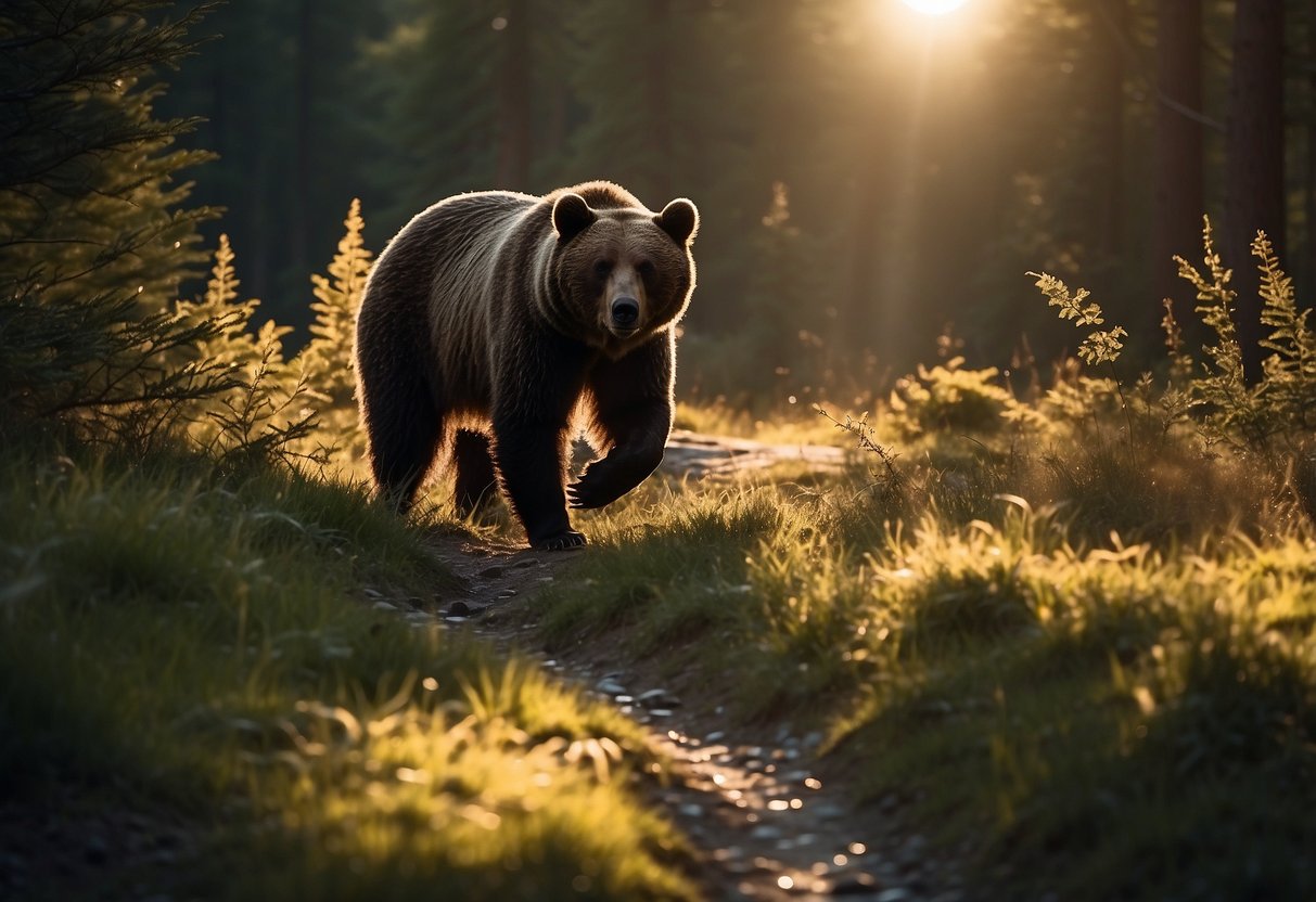 A trail winds through a forest at dawn or dusk. A bear roams near a stream, while the sun casts long shadows