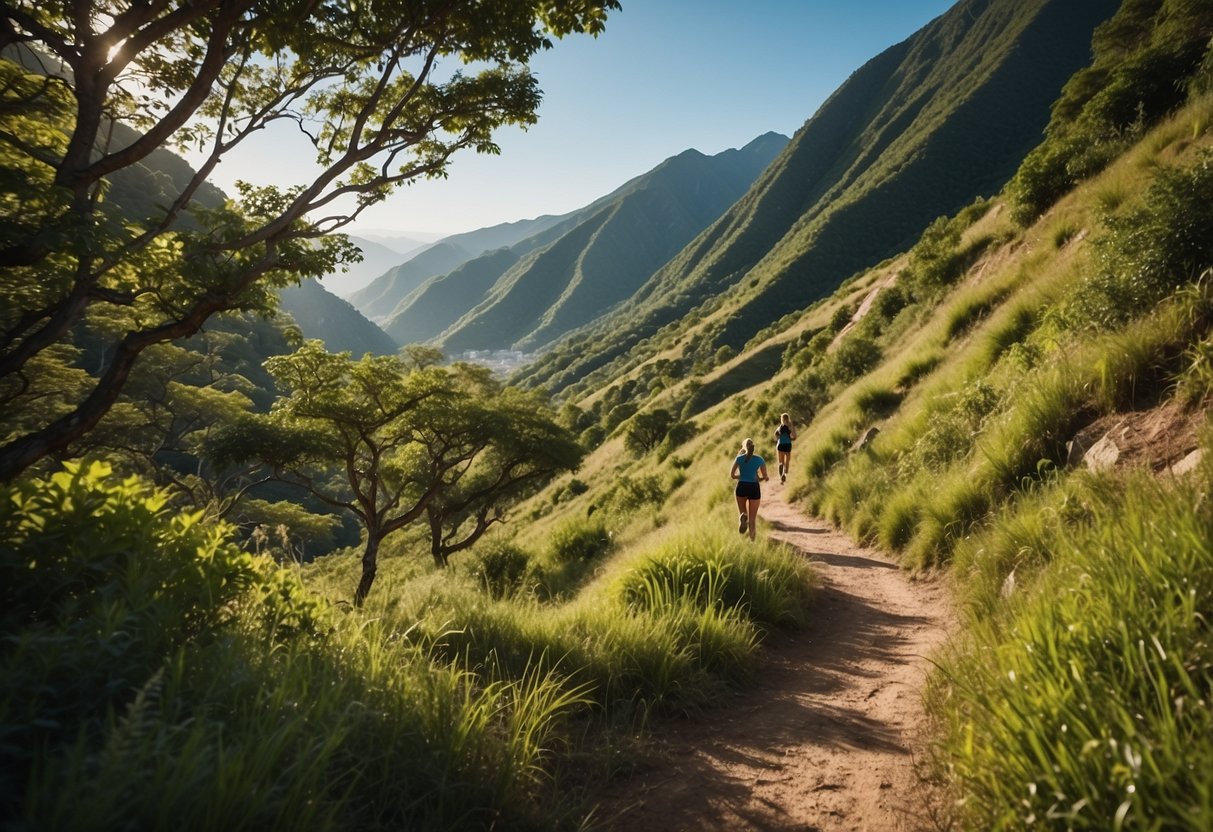 A winding trail cuts through lush green mountains, with a clear blue sky overhead. A runner navigates the rugged terrain, surrounded by breathtaking views of nature