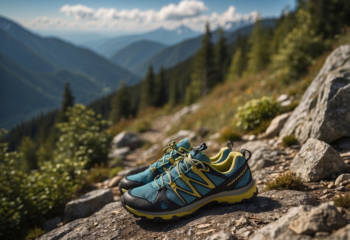 A trail runner's gear laid out on a rocky, forested trail. In the background, a picturesque European mountain range looms