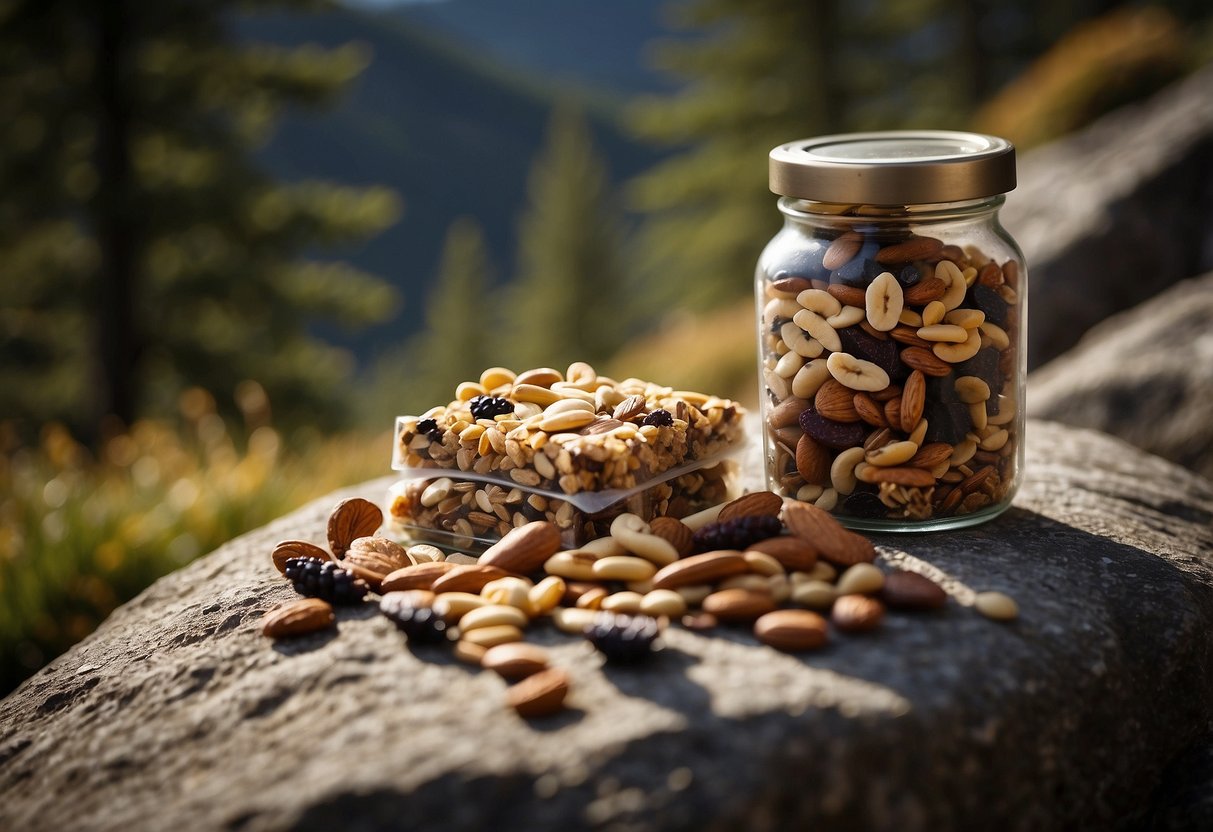 Trail runners pass by a variety of lightweight snacks: energy bars, nuts, dried fruits, and trail mix, laid out on a rock