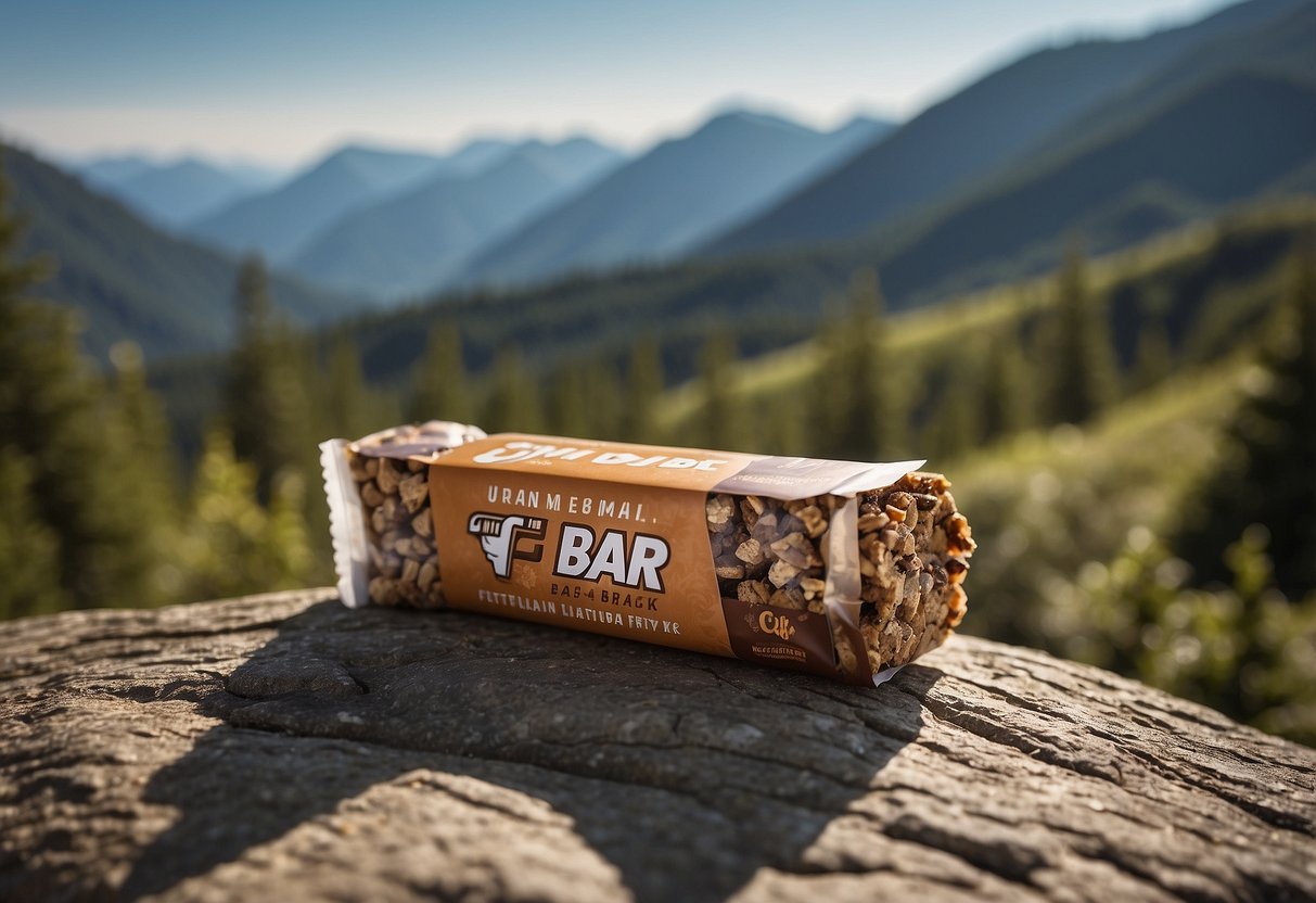 A scenic trail with running path, surrounded by trees and mountains, with a CLIF Bar Energy Bar package and individual bars placed on a rock or log