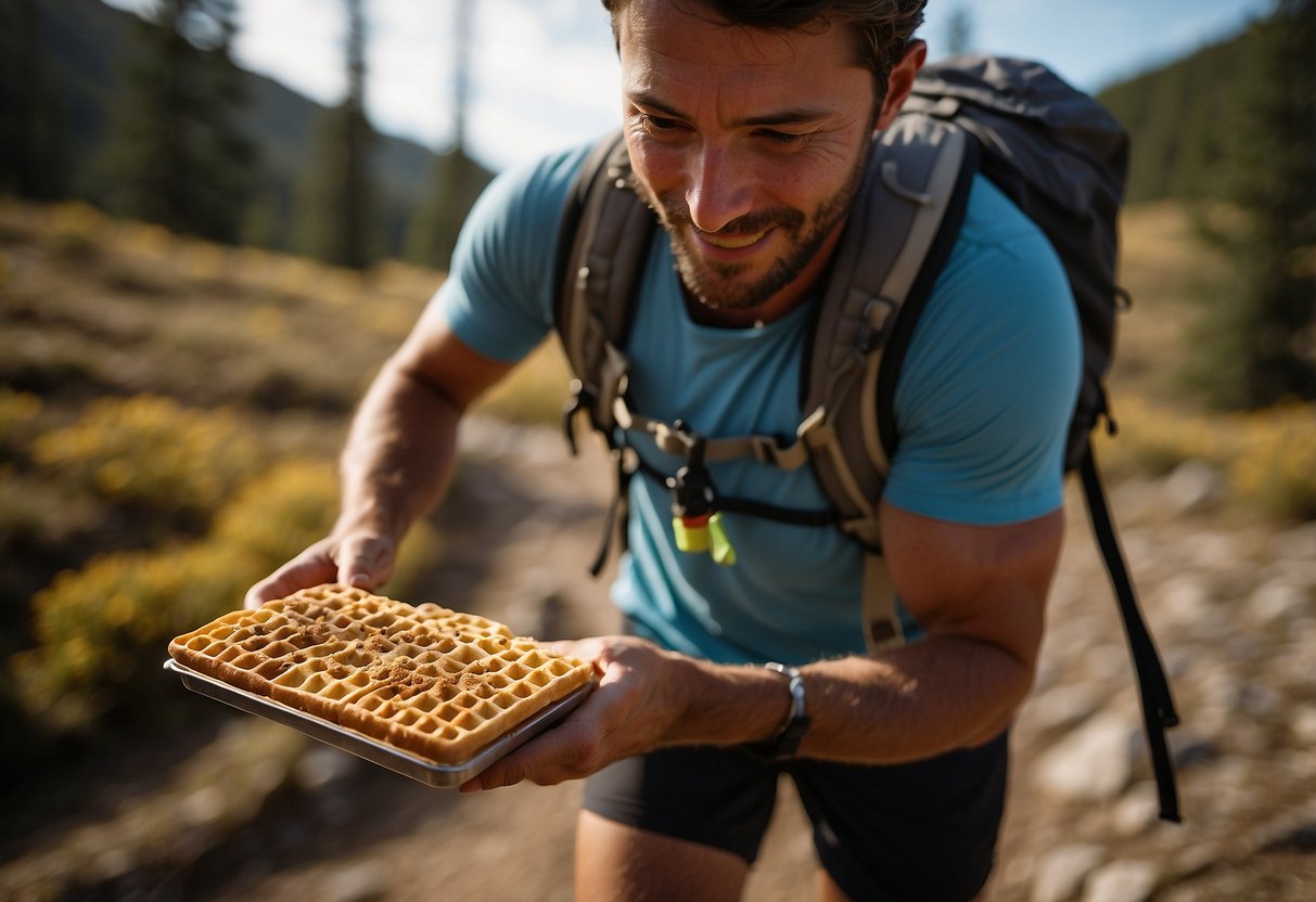 A trail runner reaches into a backpack, pulling out a Honey Stinger Organic Waffle. The lightweight snack is perfect for on-the-go energy