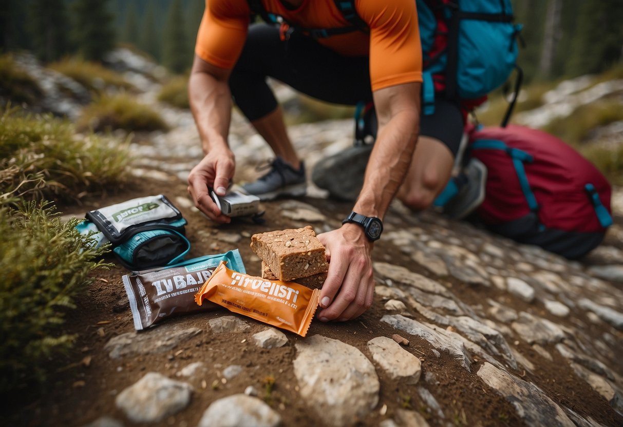 A trail runner reaches for a RXBAR Protein Bar from a backpack, surrounded by lightweight snacks and running gear