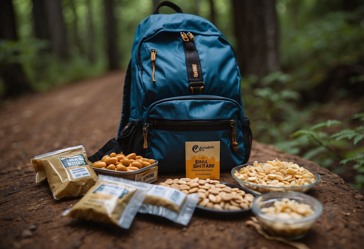 A runner's backpack open, with Trail Butter Nut Butter packets and other lightweight snacks spilling out onto a trail