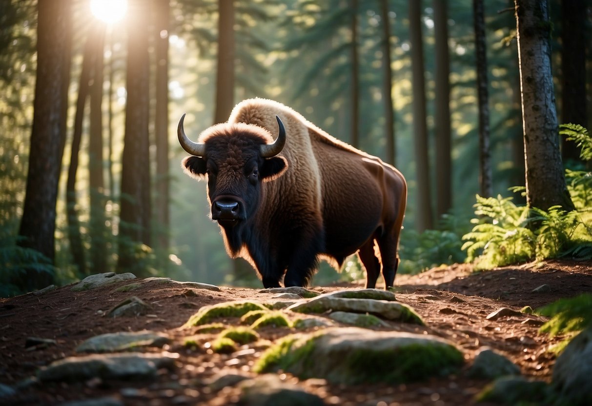 A bison bacon cranberry bar lies on a rocky trail, surrounded by lush greenery and tall trees. The sun shines down, casting dappled shadows on the ground