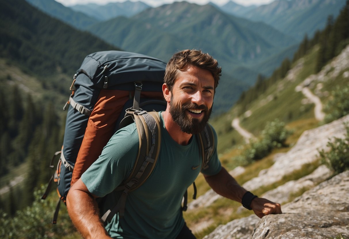 A trail runner reaching for a PROBAR Bite Bar 10 from a backpack, surrounded by scenic mountain trails and lush greenery