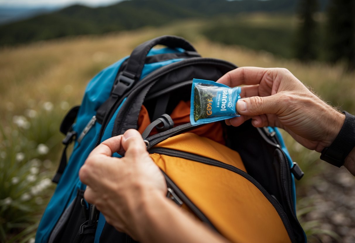 A trail runner reaches into a backpack, pulling out a GoMacro MacroBar 10. The wrapper features a vibrant design with images of natural ingredients, conveying a sense of energy and vitality