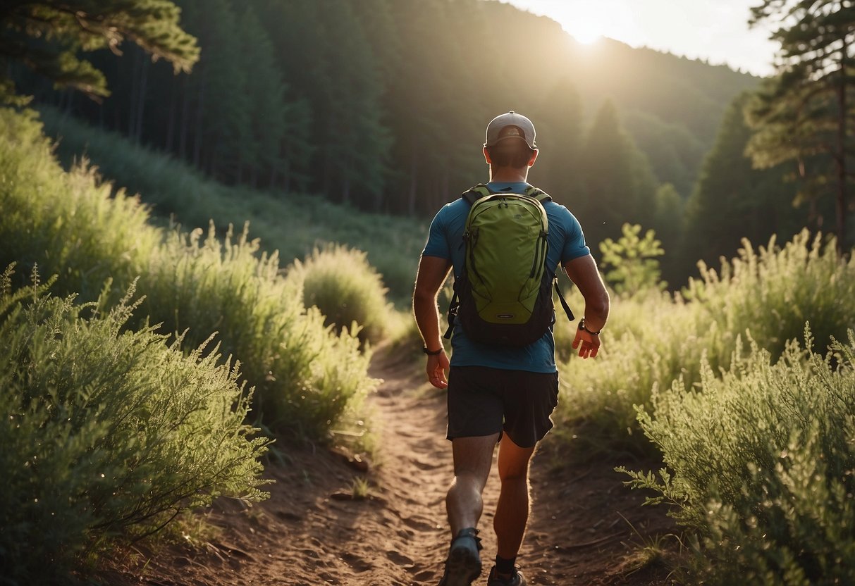 A trail runner reaches into a backpack, pulling out a Health Warrior Chia Bar. The runner is surrounded by trees and a dirt path, with the sun shining through the foliage