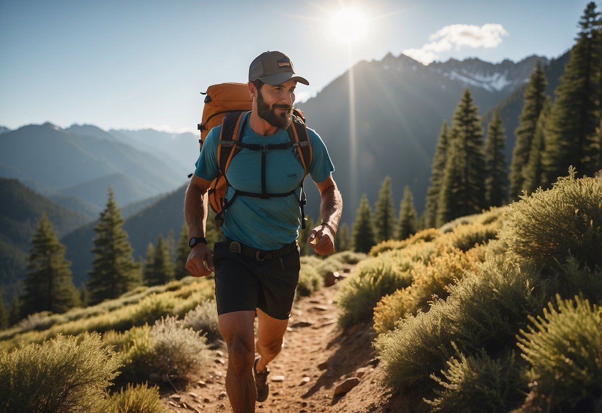 A trail runner grabs a Larabar from a backpack, surrounded by trees and mountains