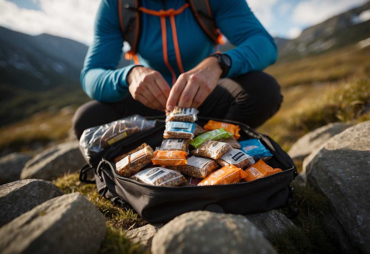 A trail runner opens a backpack to reveal 10 Kind Protein Bars, surrounded by lightweight snacks