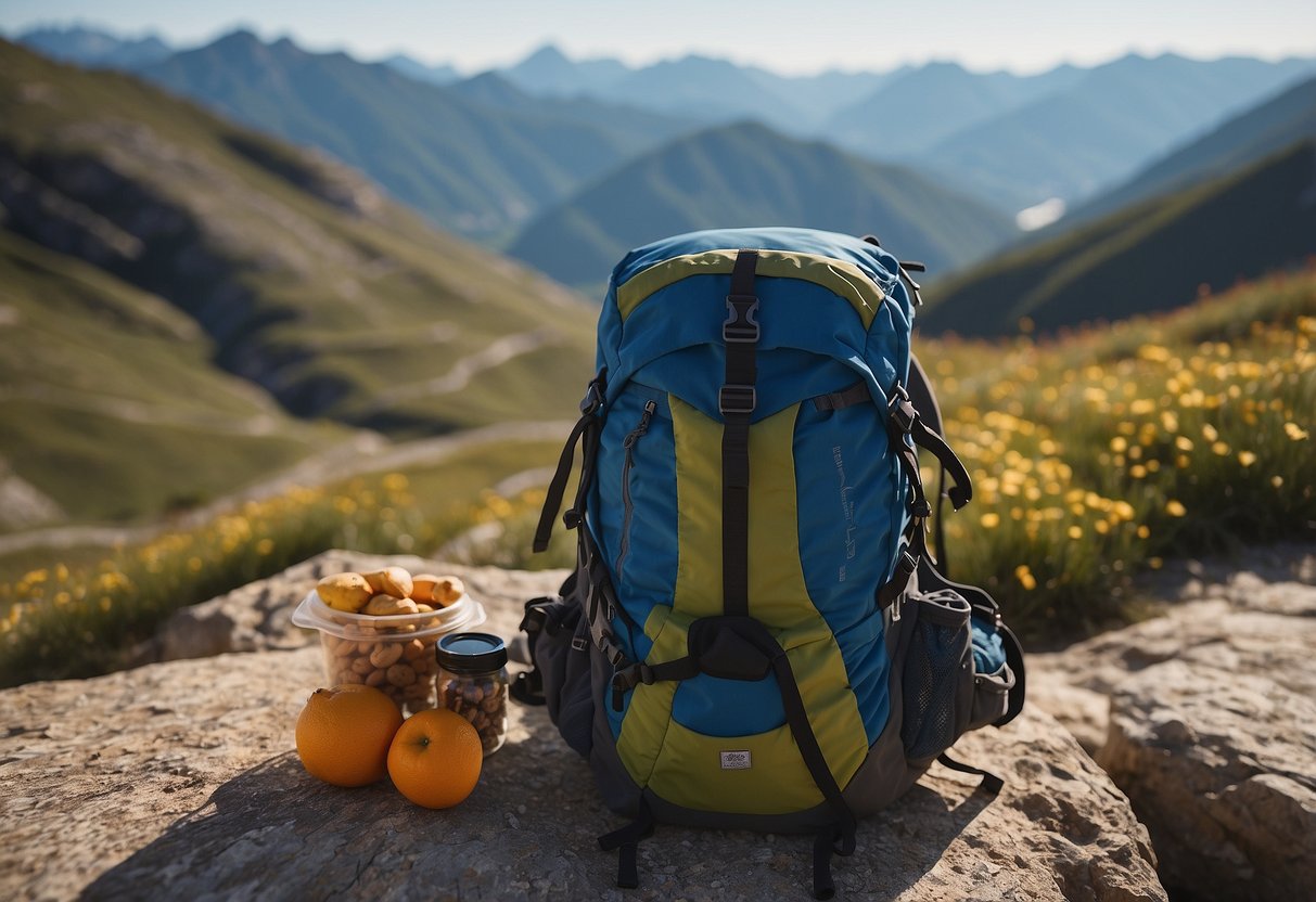 Trail runner's backpack open, revealing lightweight snacks like energy bars, nuts, and dried fruit. Surrounding scenery shows mountains and a winding trail