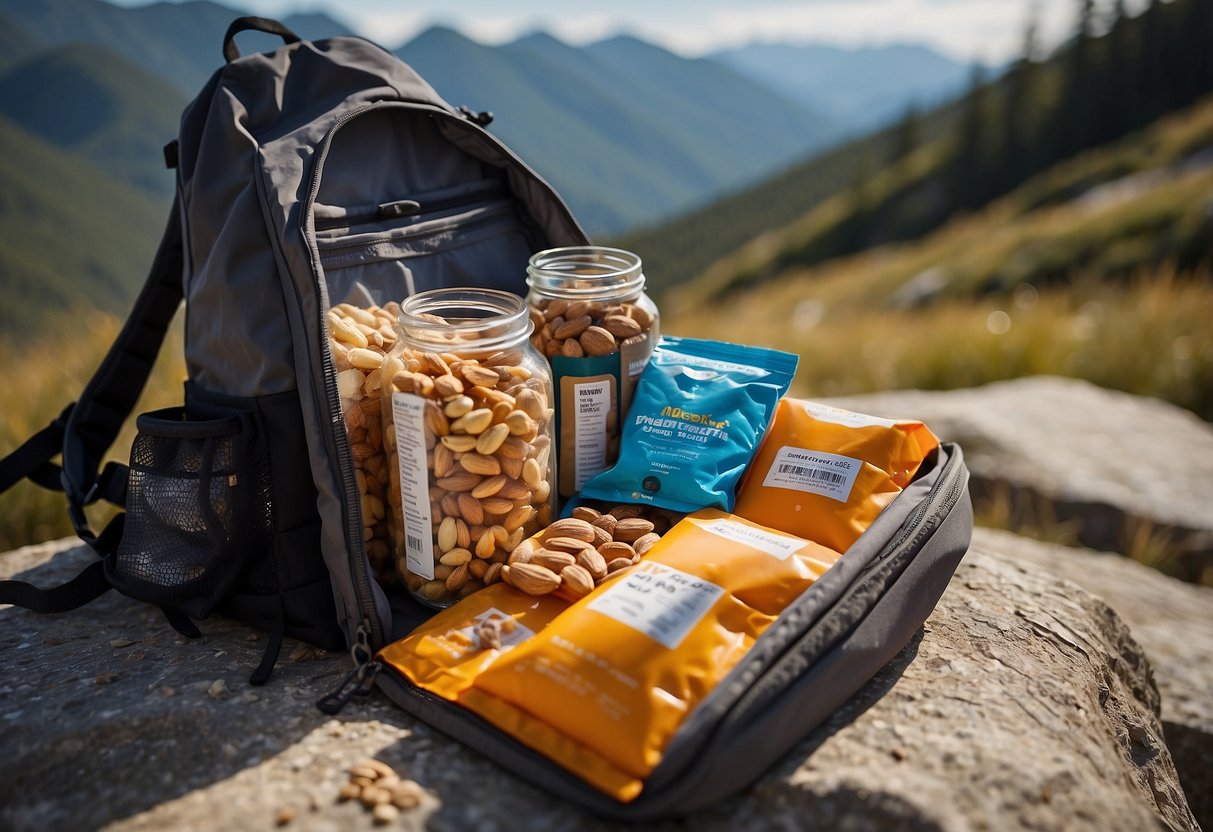 A trail runner's backpack open, revealing various lightweight snacks like nuts, energy bars, and dried fruit