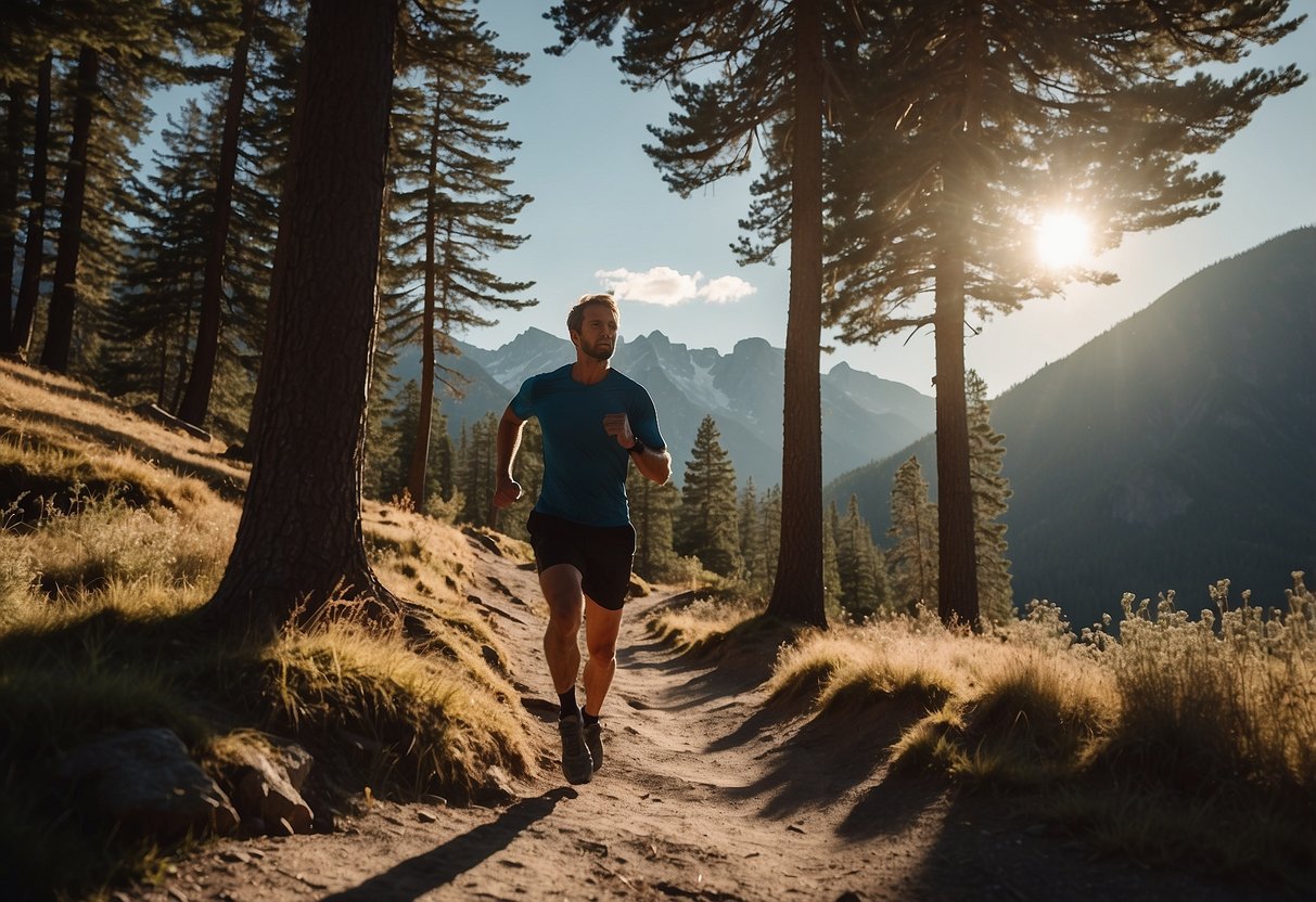 A runner navigates a rugged trail, surrounded by towering trees and distant mountain peaks. The sun casts long shadows, and the runner's breath mingles with the crisp mountain air