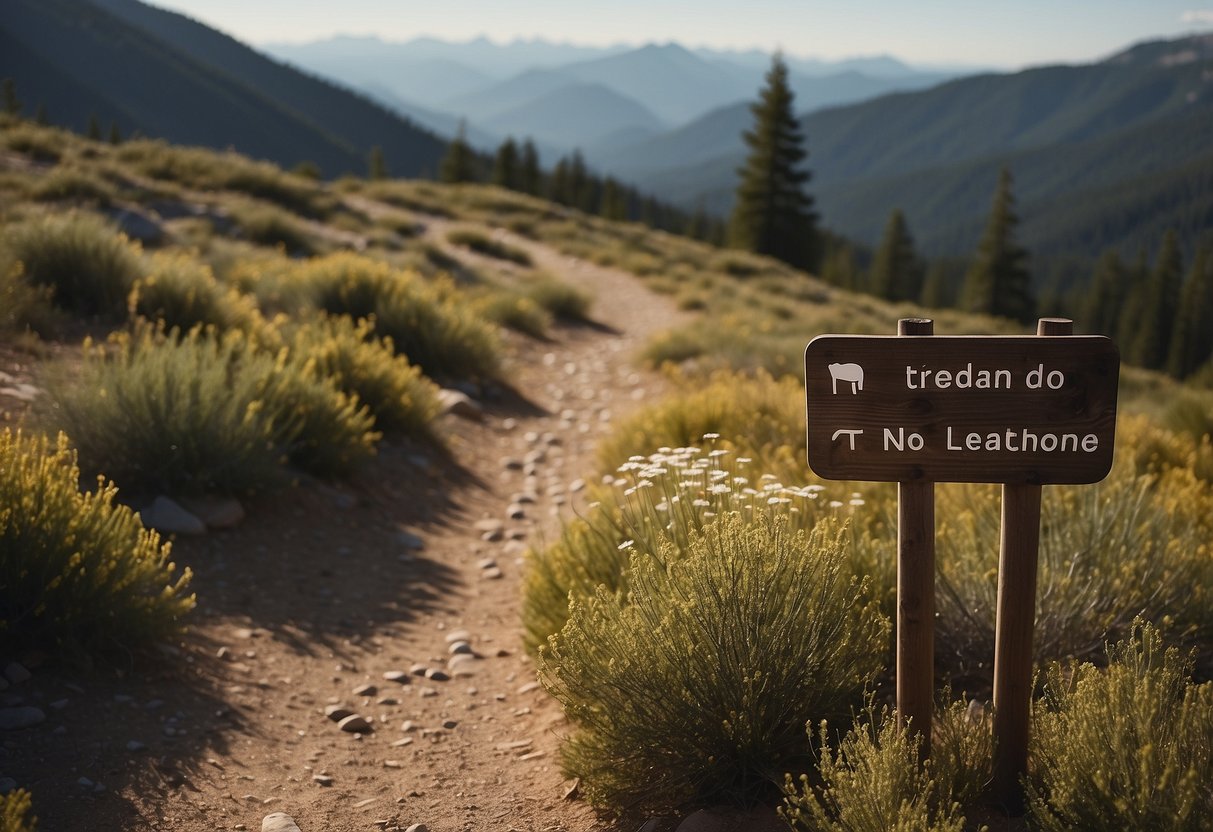 A trail winding through a pristine backcountry landscape, with signs displaying "Leave No Trace Principles" and a runner following the trail