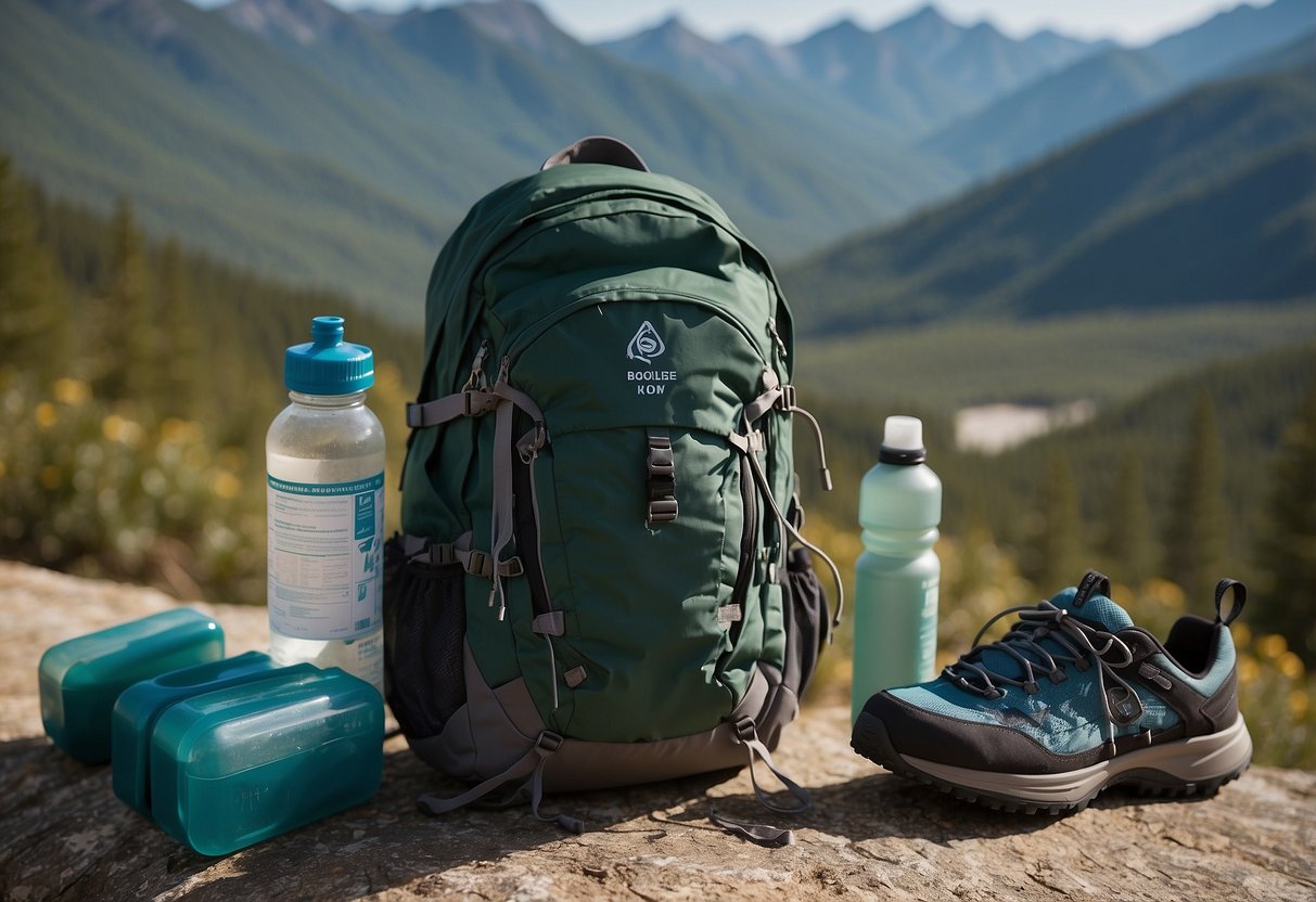 A backpack with a first aid kit, water bottle, and trail map sits on the ground next to a pair of running shoes. The backdrop is a scenic backcountry trail with mountains in the distance