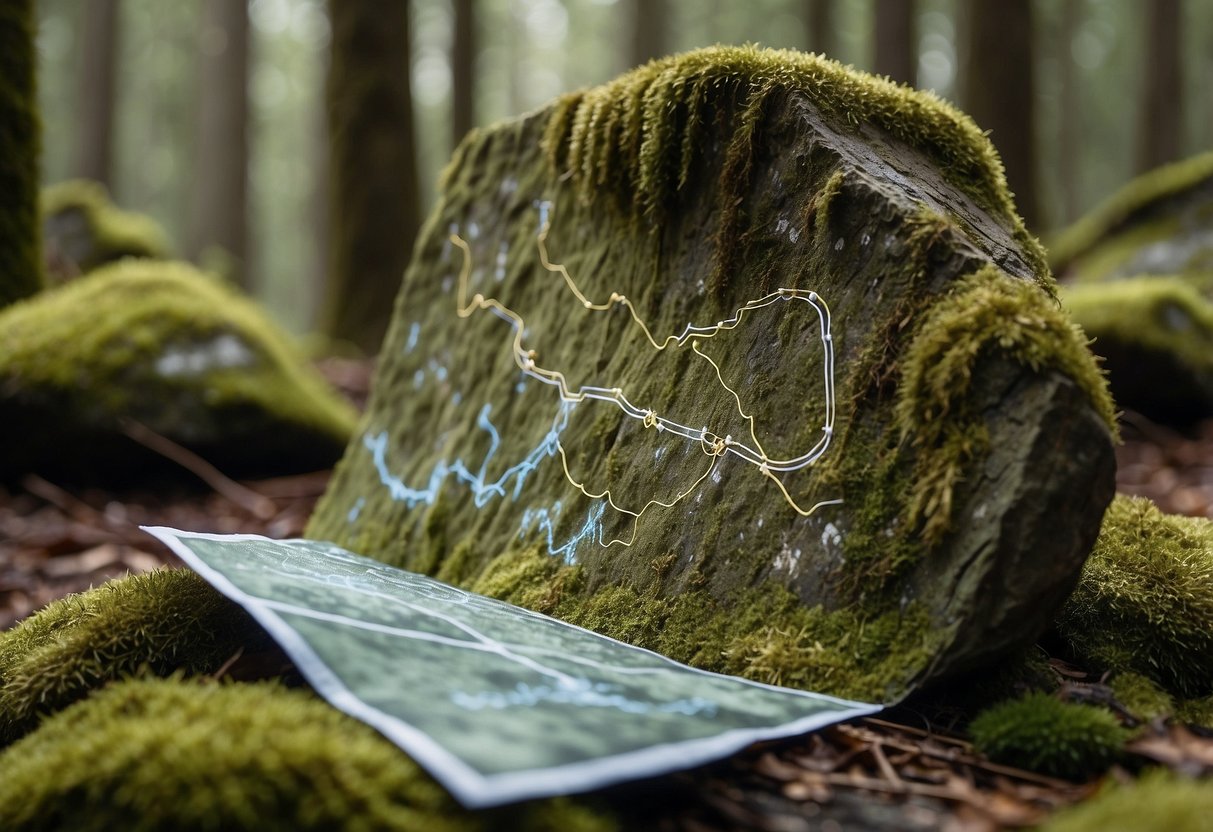 A trail map spread out on a mossy rock, surrounded by towering trees and a winding path disappearing into the wilderness