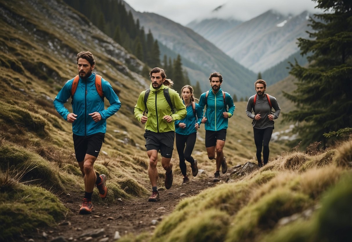 A group of trail runners wearing lightweight jackets, navigating through rugged terrain with trees and mountains in the background