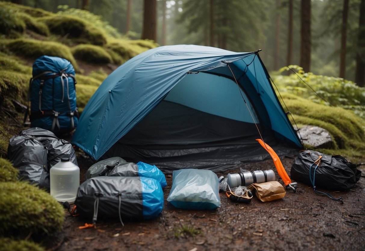 Trail runner's gear arranged under a waterproof tarp, with waterproof bags, dry sacks, and a waterproof cover for the backpack