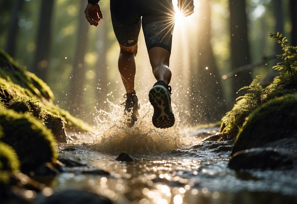 A trail runner in moisture-wicking apparel runs through a forest, jumping over puddles and streams. The sun shines through the trees, casting dappled light on the trail