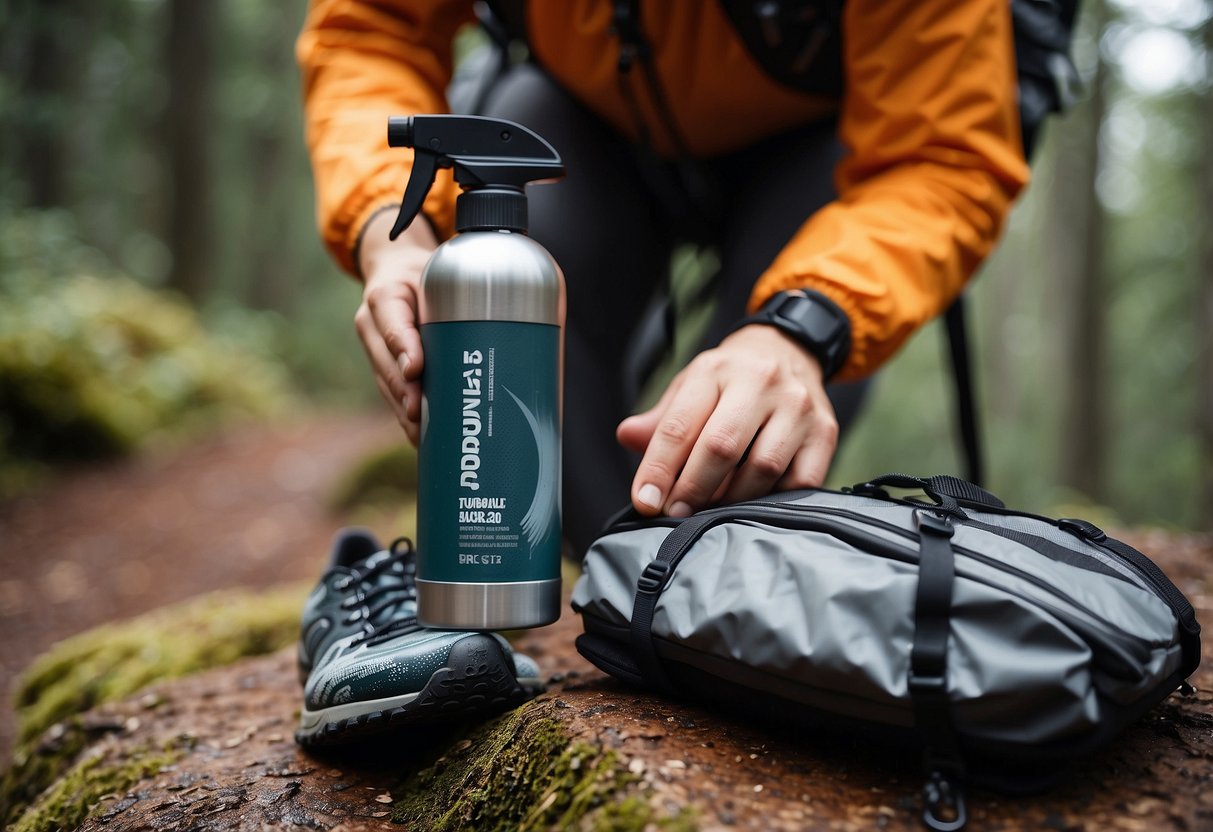 A hand holding a waterproofing spray can, spraying it on a backpack, shoes, and other trail running gear. Items are laid out on a table or the ground