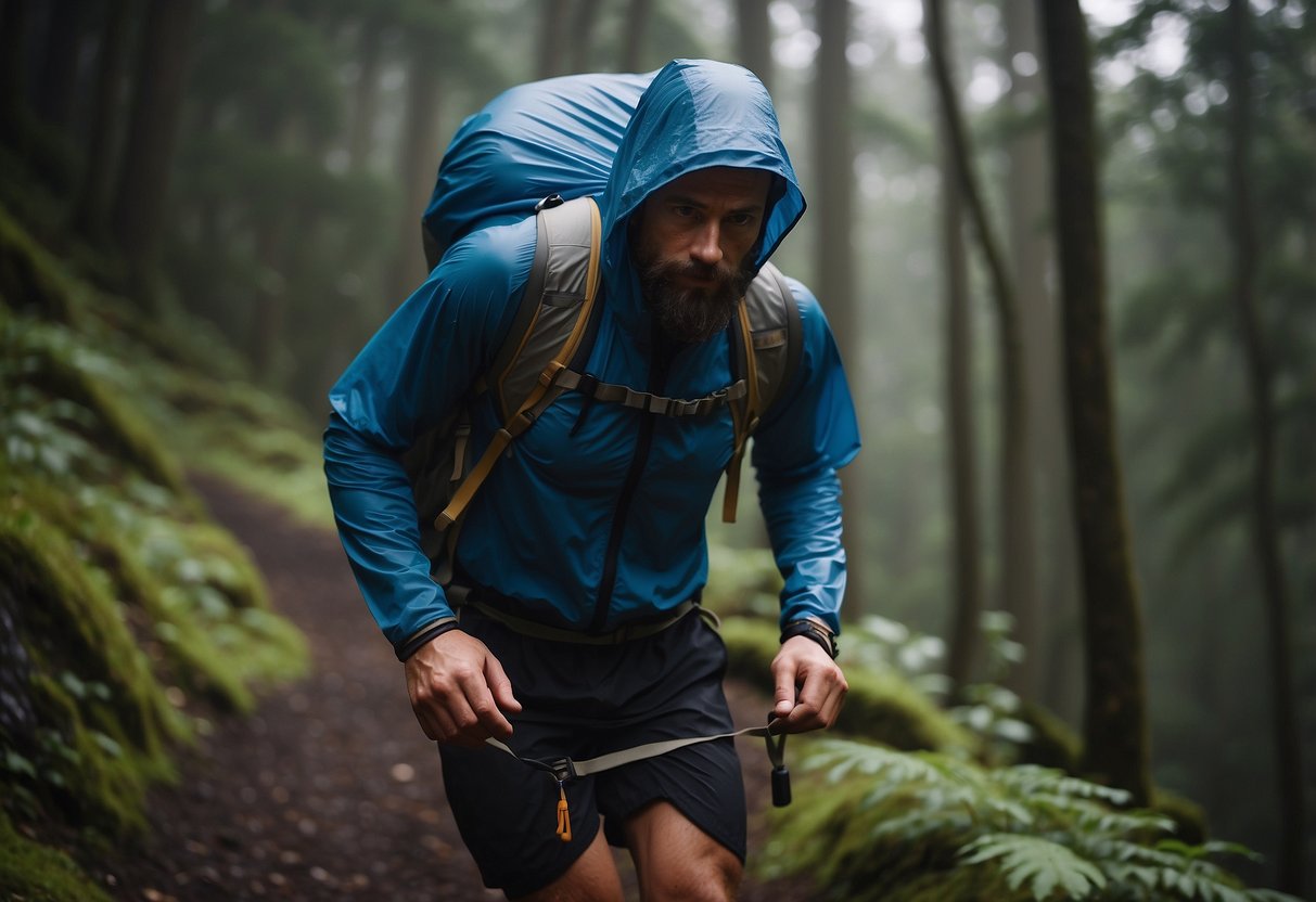 A trail runner carrying a lightweight tarp, securing it over gear to keep it dry in various ways