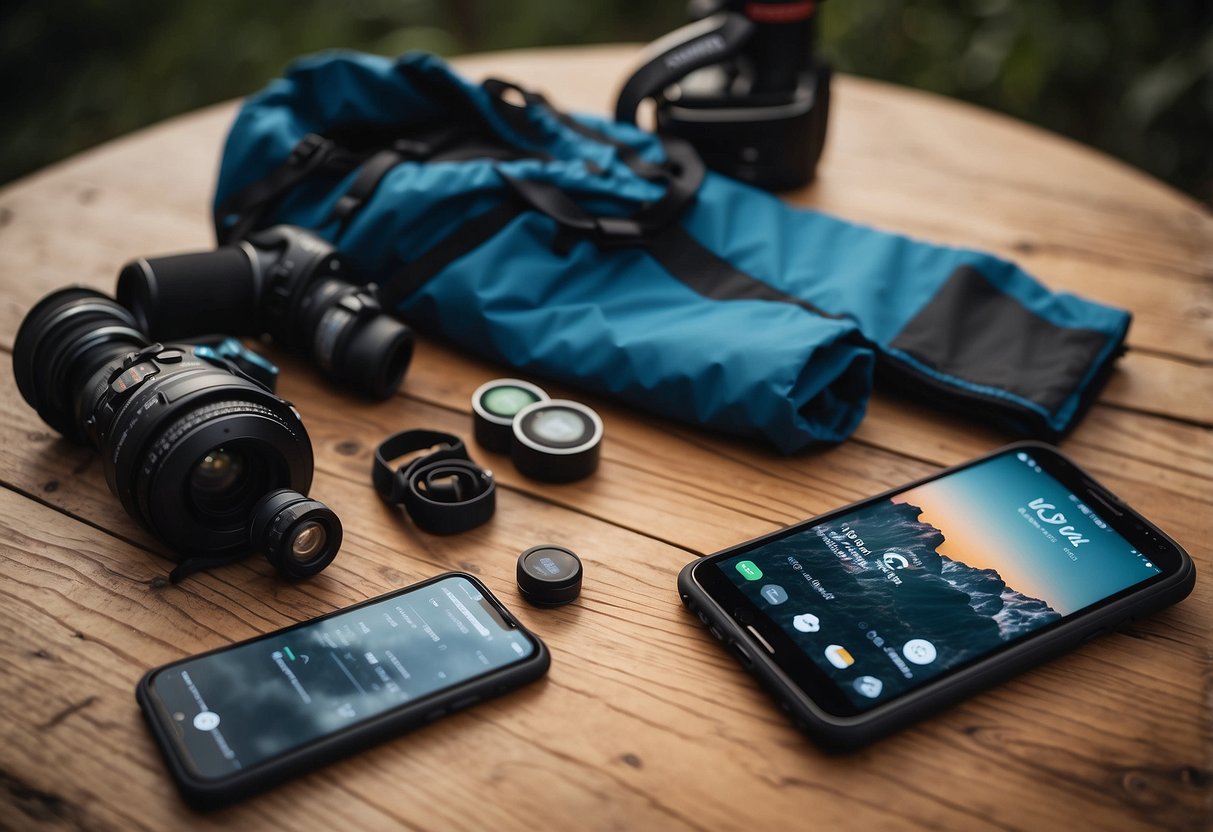 Trail running gear laid out on a table, with a weather app on a phone, waterproof bags, and a waterproof jacket