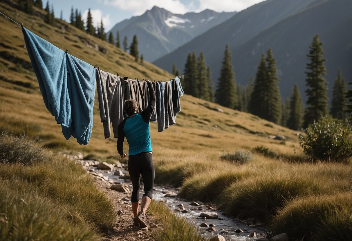 A trail runner hangs quick-drying towels on a line to keep gear dry. Other methods include waterproof bags and moisture-wicking clothing