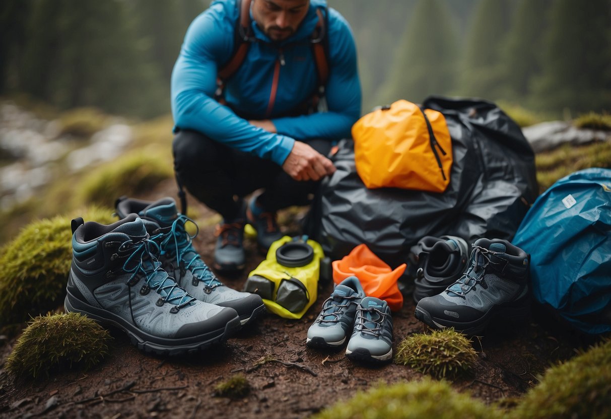 A trail runner selecting waterproof gear from a variety of options, including dry bags, waterproof jackets, and waterproof socks