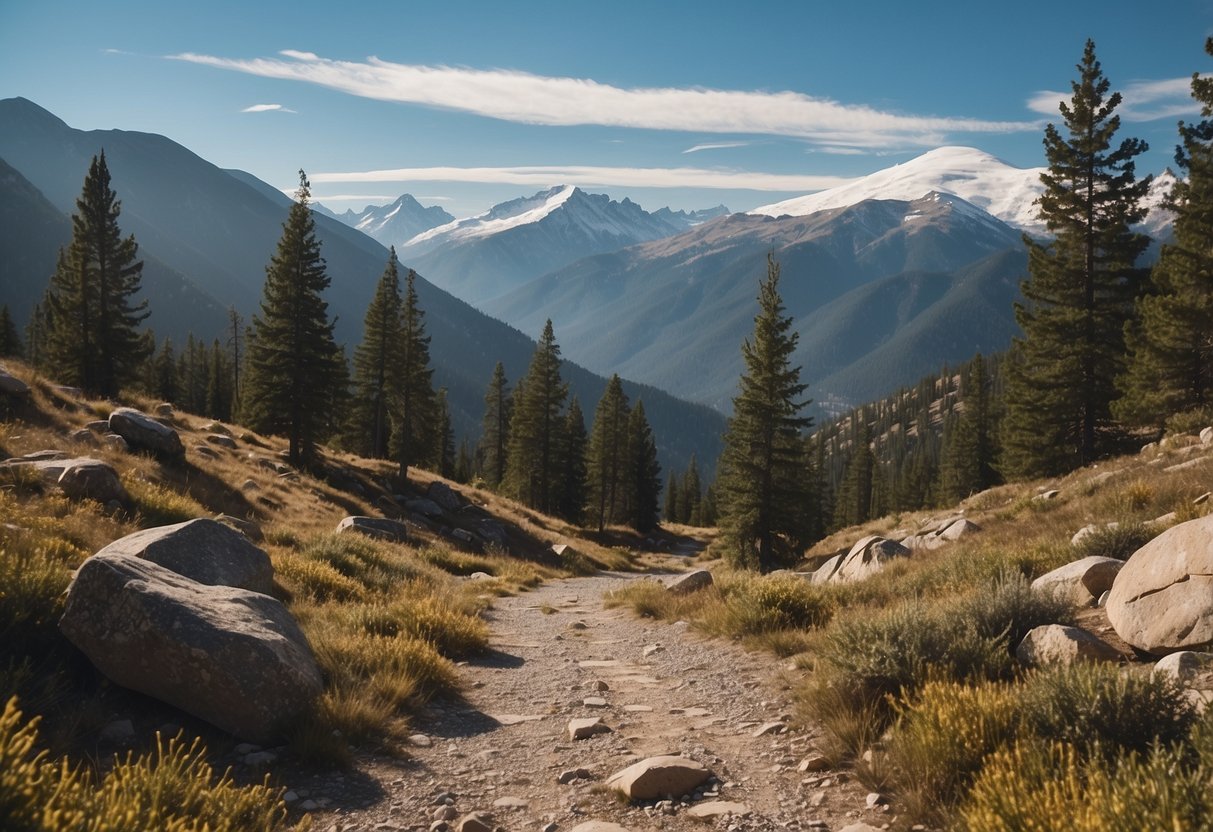 A trail winds through rocky, mountainous terrain. The air is thin and crisp, with snow-capped peaks in the distance. Pine trees line the path, and a clear blue sky stretches overhead