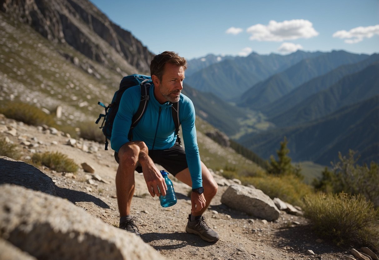 Trail runner drinking from a water bottle at high altitude. Mountains in the background, clear blue sky. Trail winding through rocky terrain