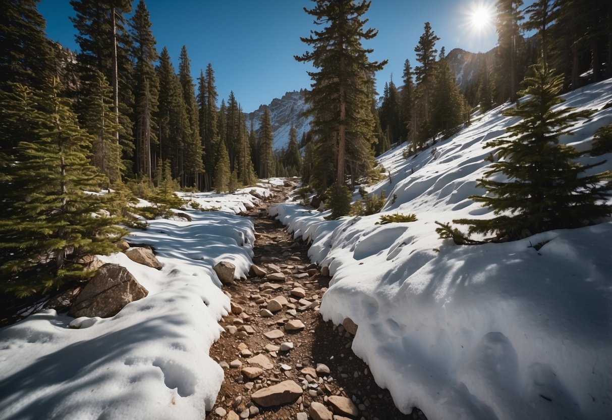 A trail winds through rocky terrain, leading up to a high-altitude mountain peak. The air is thin and crisp, with a clear blue sky overhead. Pine trees dot the landscape, and a small stream trickles alongside the path