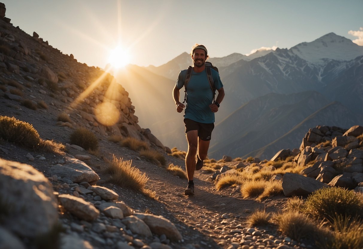 Trail runners navigate rocky, high-altitude terrain. They carry water, energy bars, and electrolyte supplements. The sun sets behind snow-capped peaks