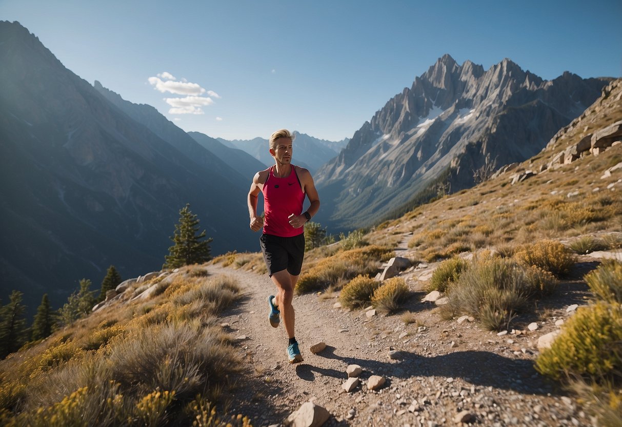 A runner navigates a winding mountain trail, surrounded by towering peaks and a clear blue sky. The air is thin, but the runner maintains a steady pace, following the trail markers and taking in the breathtaking views