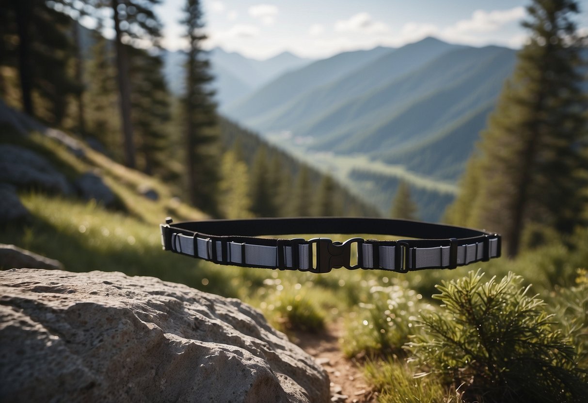 Five trail running belts with pockets and zippers displayed on a rocky trail, surrounded by trees and mountains in the background