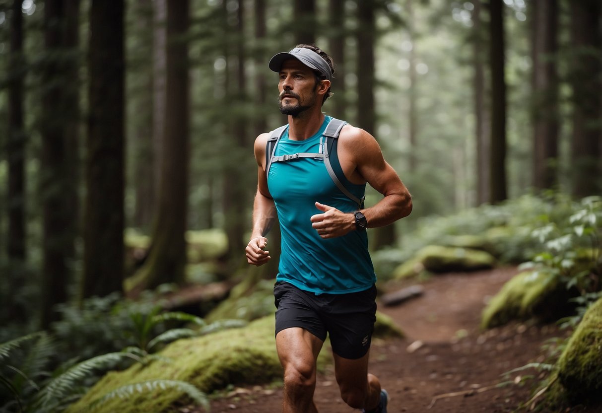 A trail runner wearing the Salomon Pulse Hydration Belt, with pockets for storage, running through a scenic forest trail