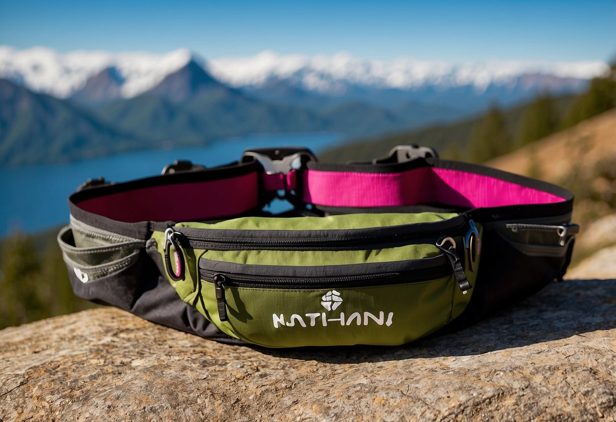 A trail running belt with insulated hydration pockets and storage compartments, featuring the Nathan TrailMix Plus logo prominently displayed