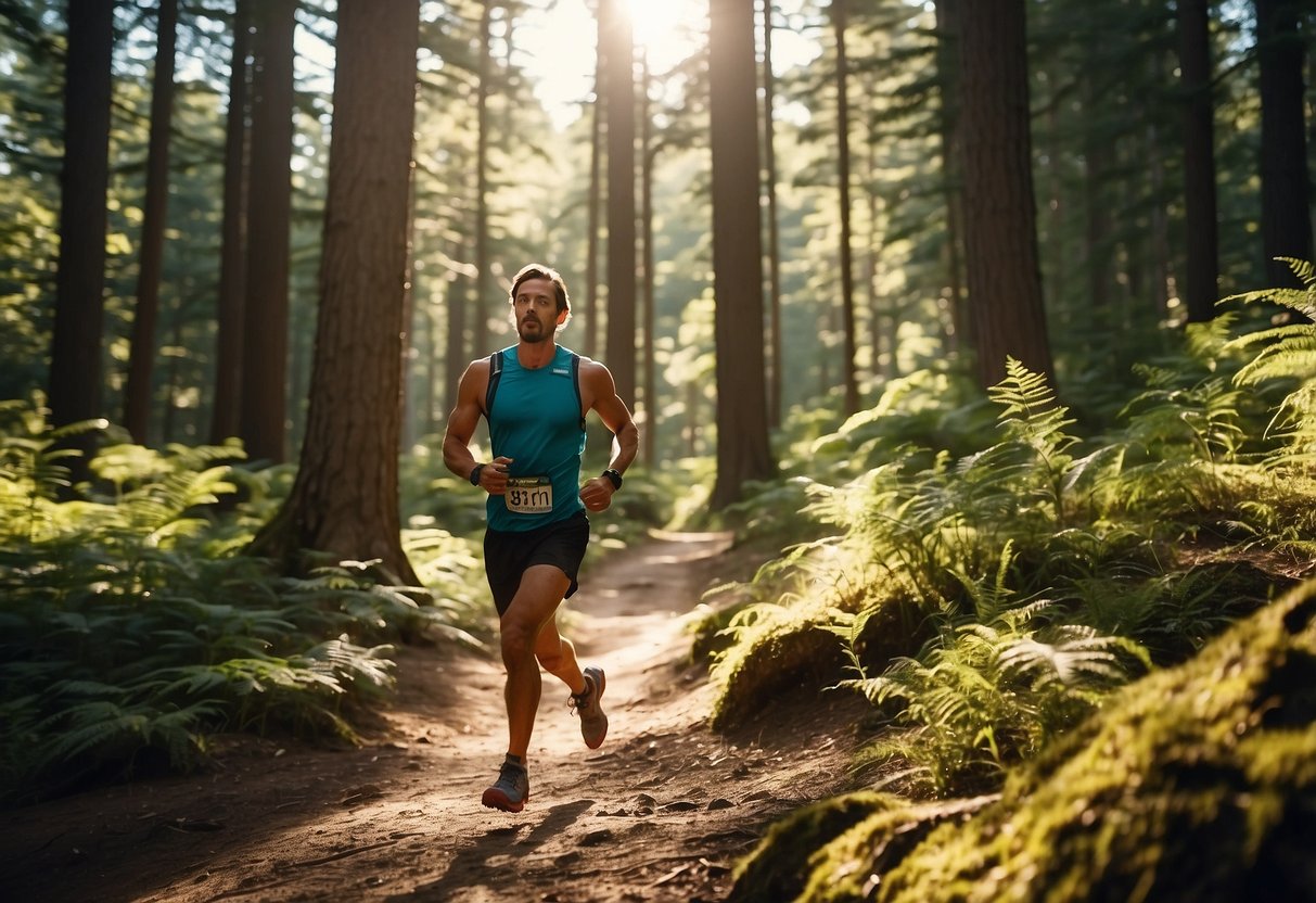 A trail runner wearing a CamelBak Ultra Belt with 34oz storage, running through a scenic forest trail with sunlight filtering through the trees